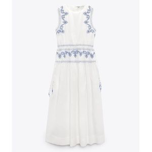 ZARA NWT WOMAN EMBROIDERED MIDI DRESS WHITE BLUE
